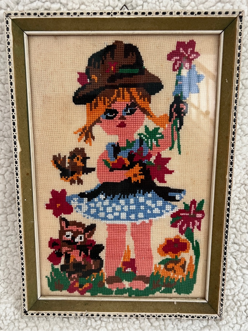 Vintage 1970s Framed Needlepoint Greek Girl, Big Eyes, cat, bird, flowers